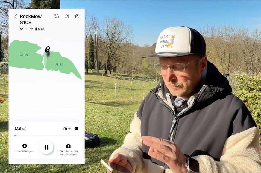 Roborock RockMow S1 App-Dashboard mit Echtzeit-Mähfortschritt und Zeitplan auf einem Smartphone